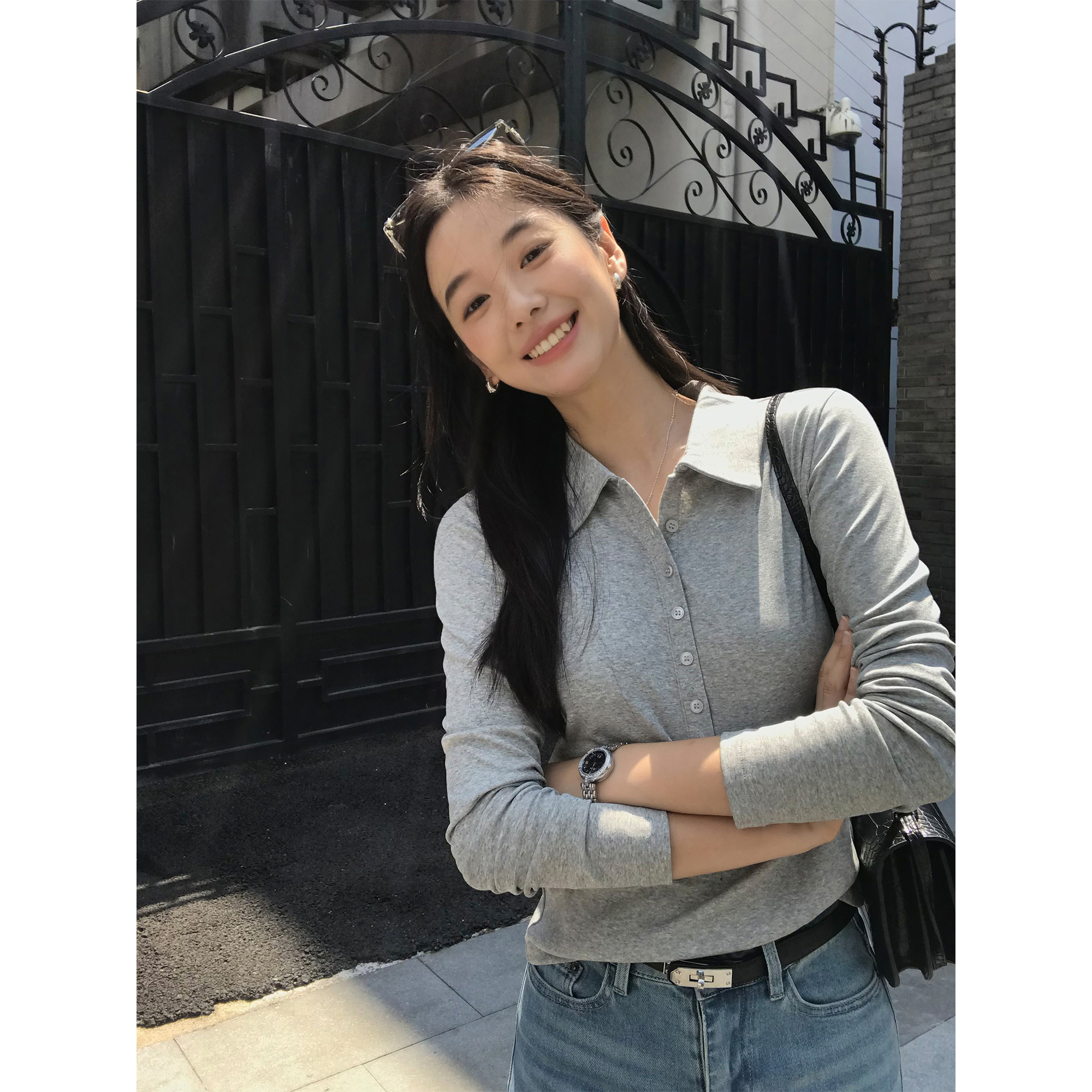 MULVAN 柏林斯日记 黑色正肩polo领针织衫女秋长袖T恤打底衫上衣