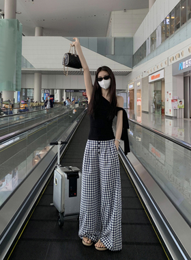 MULVAN 被颜色俘获 高腰红白格子休闲裤女垂感直筒显瘦阔腿拖地裤