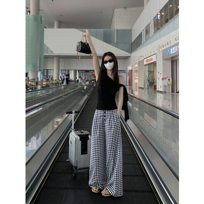 MULVAN 被颜色俘获 高腰红白格子休闲裤女垂感直筒显瘦阔腿拖地裤