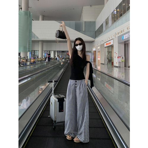 MULVAN 被颜色俘获 高腰红白格子休闲裤女垂感直筒显瘦阔腿拖地裤