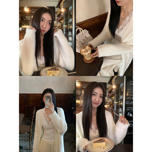 毛衣女慵懒仿貂毛针织外套 白色水貂绒开衫 MULVAN 现货7折