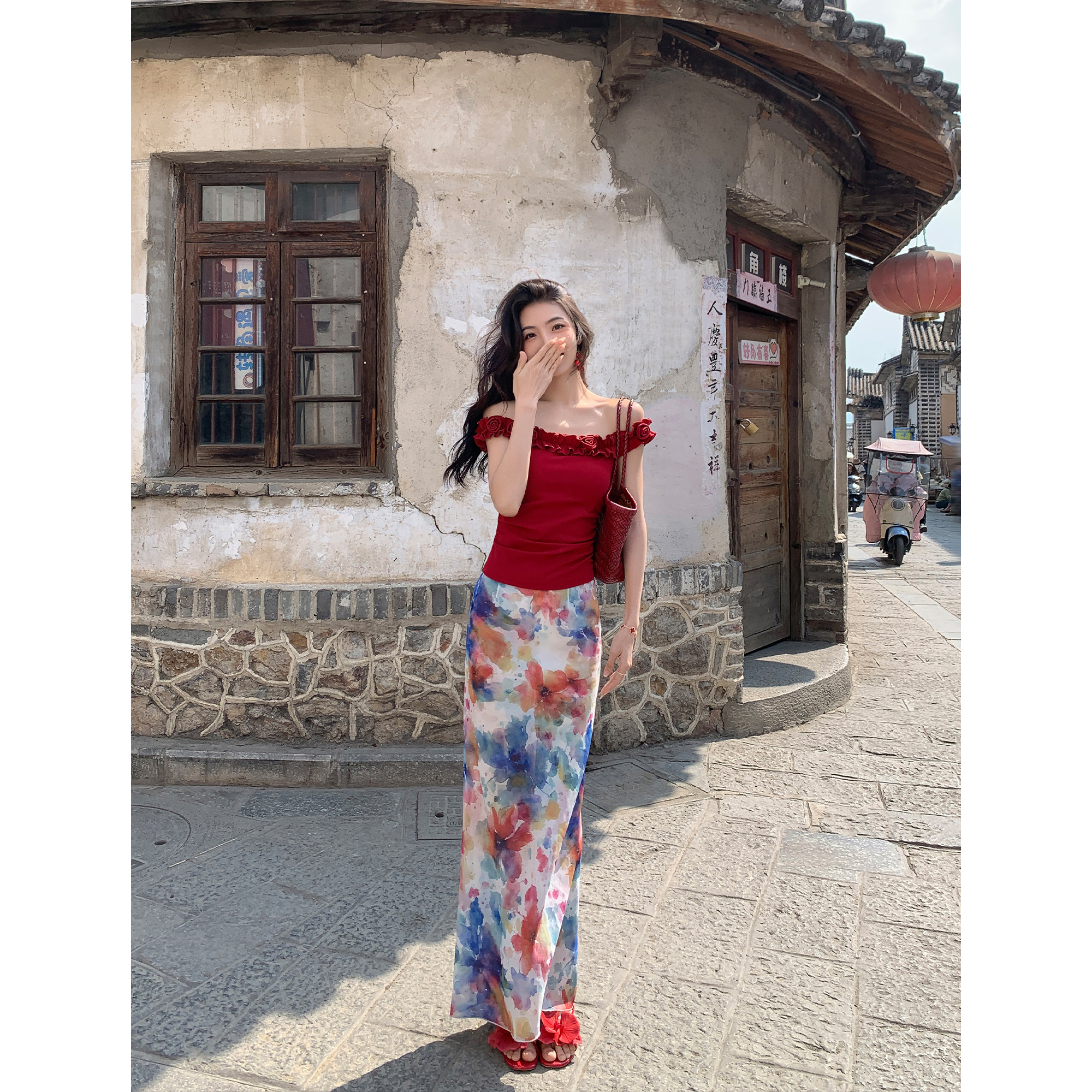 MULVAN【现货7.5折】氛围感双层印花半身裙女开叉雪纺修身包臀裙,女装/女士精品,半身裙,淘宝优惠券,粉丝福利购,淘宝优惠卷