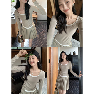 t恤打底衫 MULVAN 女设计感小众长袖 撞色假两件针织衫 现货6.5折