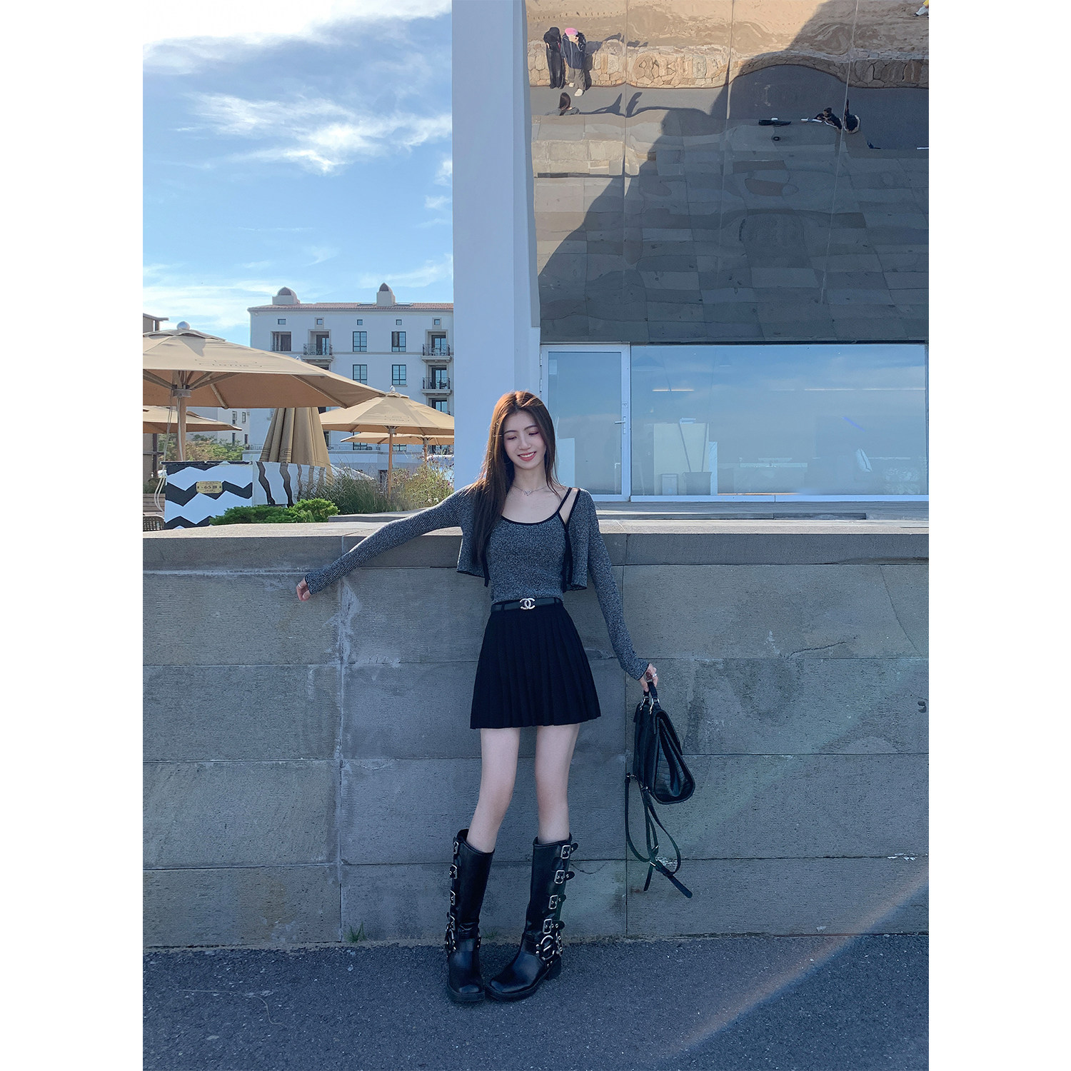 MULVAN【现货6.5折】两件套条纹针织衫女修身叠穿吊带开衫短上衣