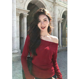 MULVAN 欧尼自留款 气质宽松长袖一字肩T恤女设计感斜肩露肩上衣