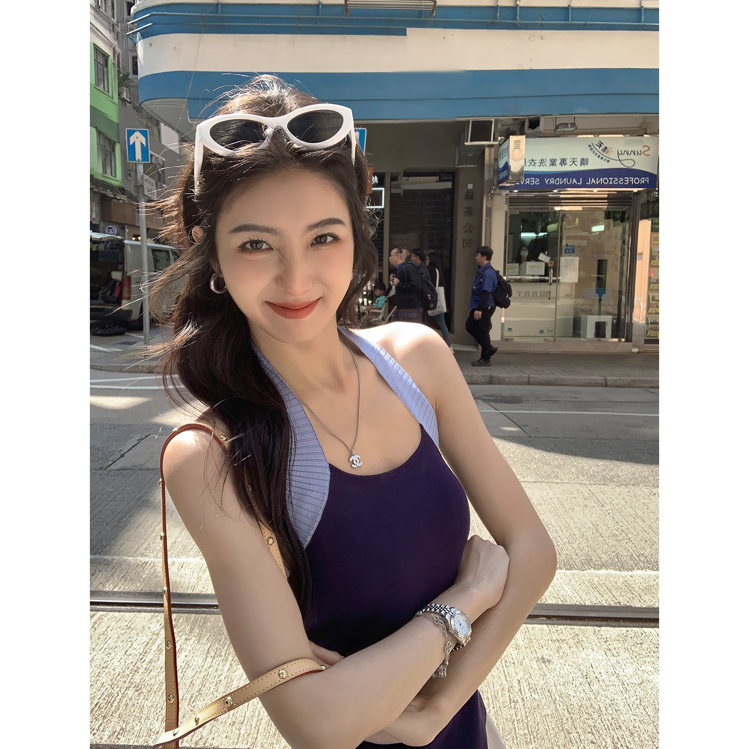 MULVAN 热辣教主 挂脖吊带背心女外穿美式撞色无袖修身显瘦上衣