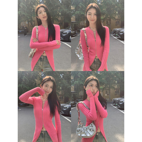 MULVAN【现货7折】长款双拉链针织开衫女修身显瘦两穿毛衣连衣裙