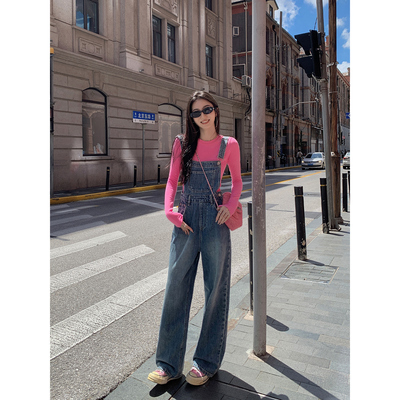 MULVAN 风格街头 复古高腰牛仔裤女阔腿背带裤宽松直筒连体裤子