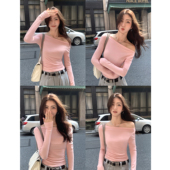 MULVAN 甜辣小心机露肩针织上衣 气质短款 一字肩长袖 T恤女修身