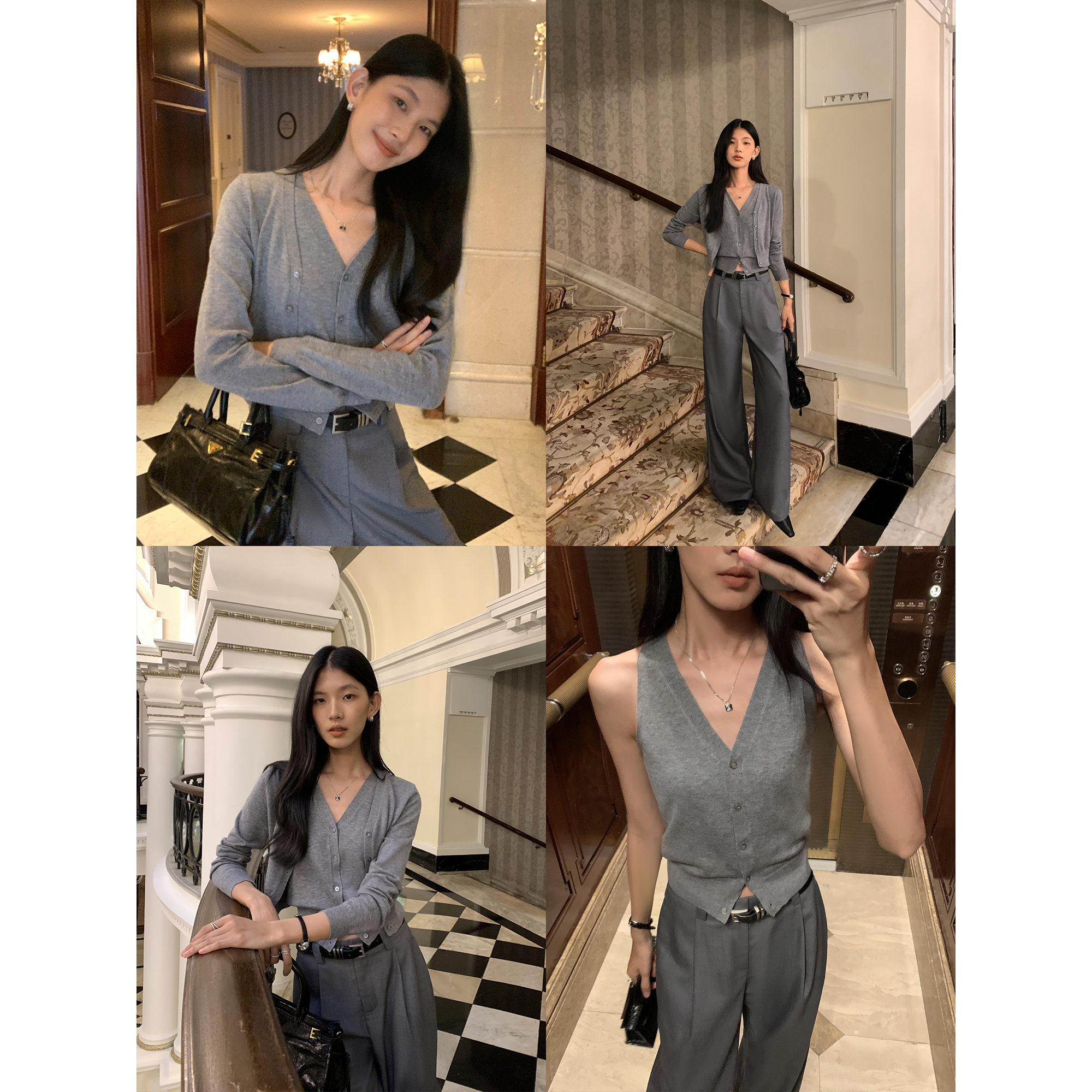 V领经典短款针织开衫马甲套装