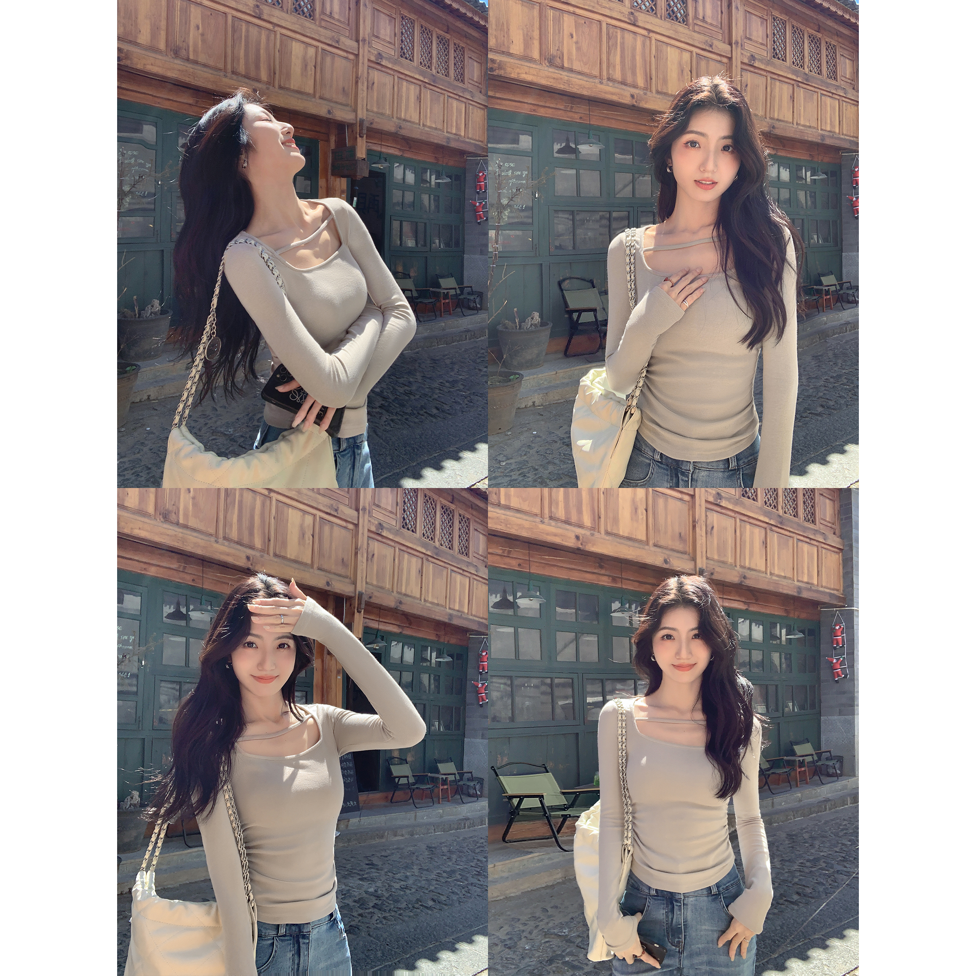 U领针织衫两侧缩褶修身显瘦