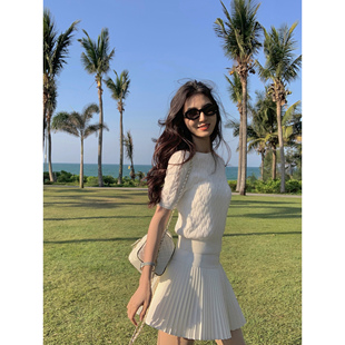 MULVAN 百搭叙事 全棉麻花短款上衣女经典圆领修身短袖薄针织衫