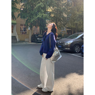 女秋冬高腰宽松显瘦休闲垂感拖地直筒长裤 MULVAN 白色阔腿牛仔裤