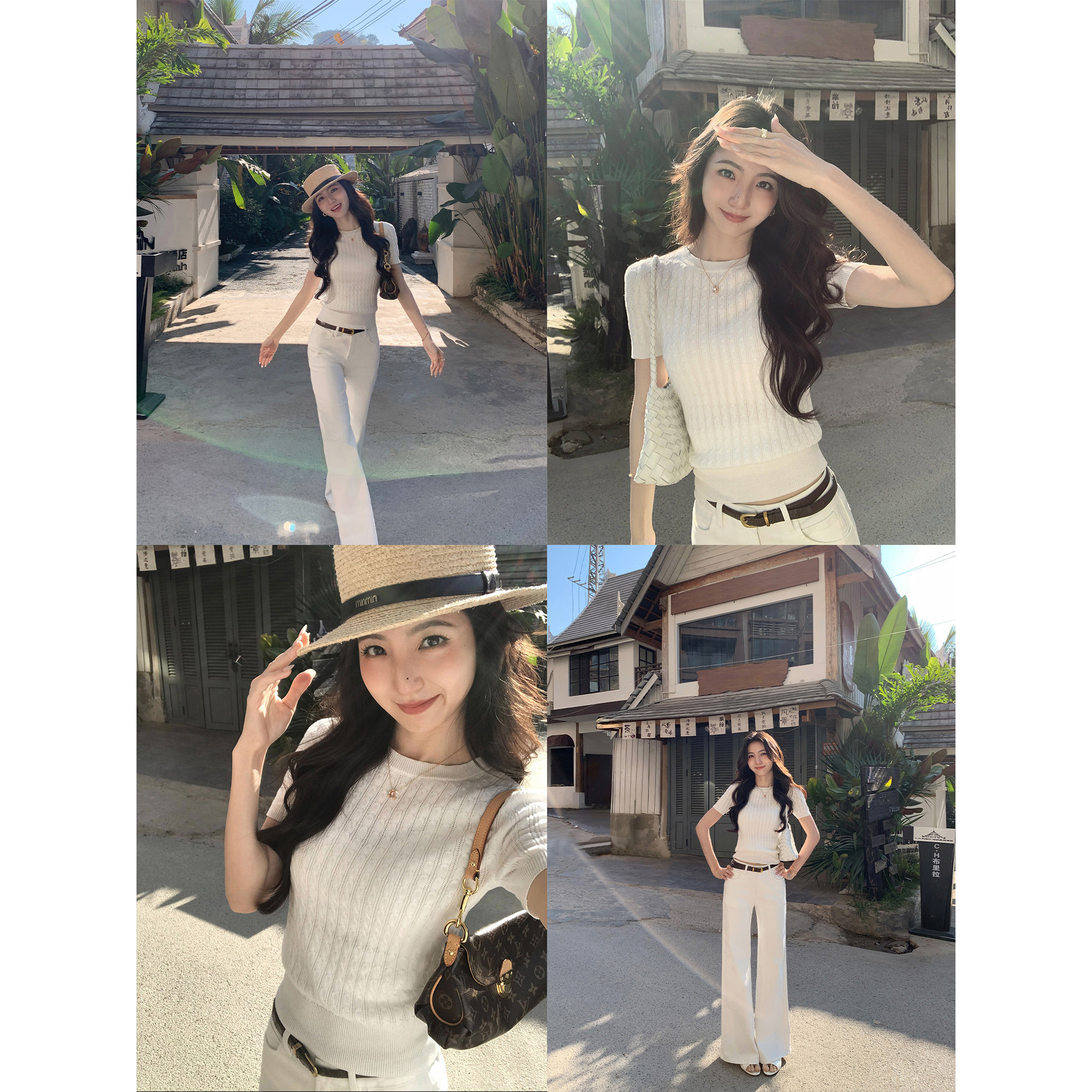 MULVAN 夏日甜茶 经典撞色条纹圆领短袖上衣女复古麻花显瘦针织衫