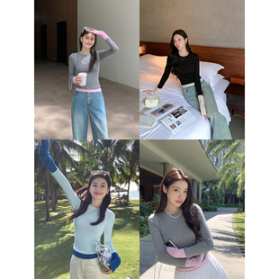 现货6.5折 圆领内搭打底衫 撞色长袖 秋季 针织t恤女修身 MULVAN