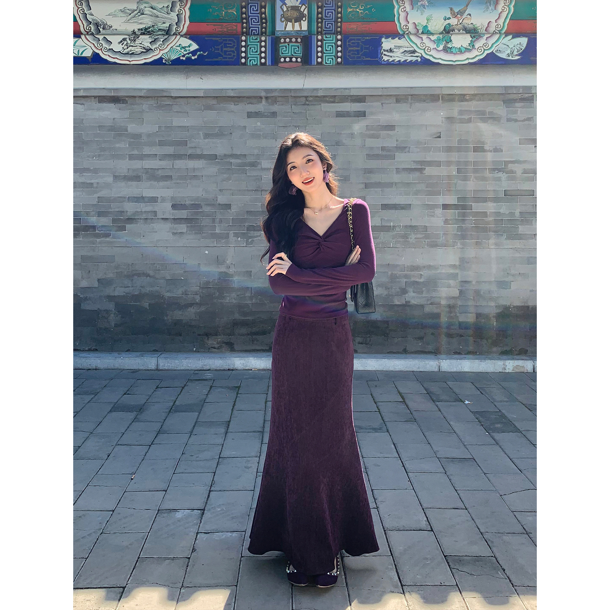 MULVAN 步履生漪 复古咖色单面绒中长款鱼尾裙半身裙女气质包臀裙