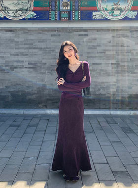 MULVAN【现货7折】步履生漪 单面绒中长款鱼尾半身裙女气质包臀裙