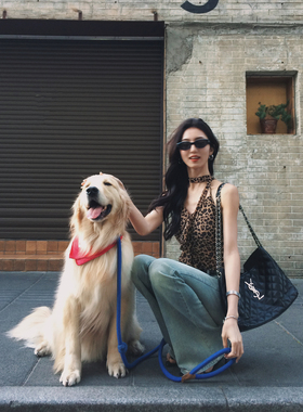 MULVAN 豹纹挂脖吊带背心女外穿小众性感露背辣妹短款v领无袖上衣