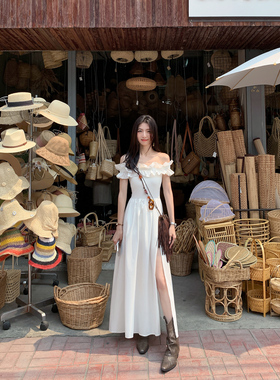 MULVAN 【现货7折】漂亮姐姐有点甜 荷叶边一字肩连衣裙开叉长裙