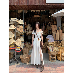 荷叶边一字肩连衣裙开叉长裙 漂亮姐姐有点甜 MULVAN 现货7折