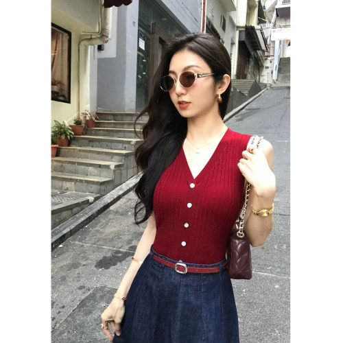 轻熟风V领针织吊带背心无袖上衣