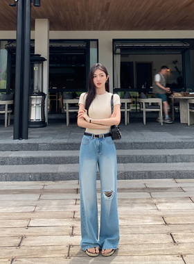 MULVAN【现货7折】蓝色破洞牛仔裤女宽松直筒阔腿高腰垂感拖地裤