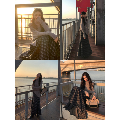 MULVAN 辛德瑞拉 复古格子中长款半身裙女显瘦高腰大裙摆a字长裙