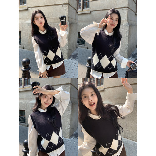 菱形格针织马甲背心女韩版设计感