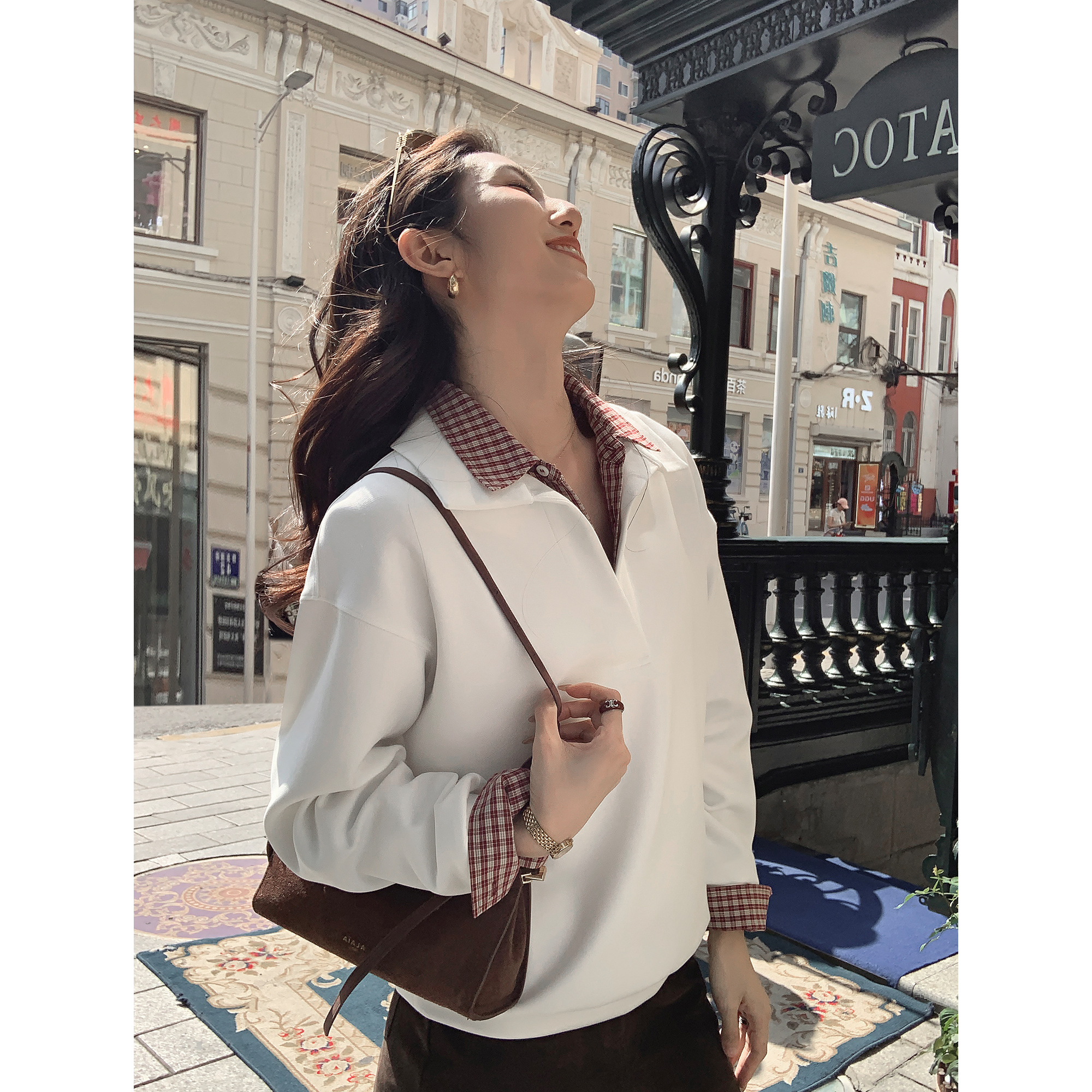 MULVAN 慵懒速成 极简翻领卫衣女长袖宽松休闲百搭套头polo领上衣