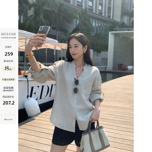 MULVAN老钱风1OO亚麻宽松V领衬衫