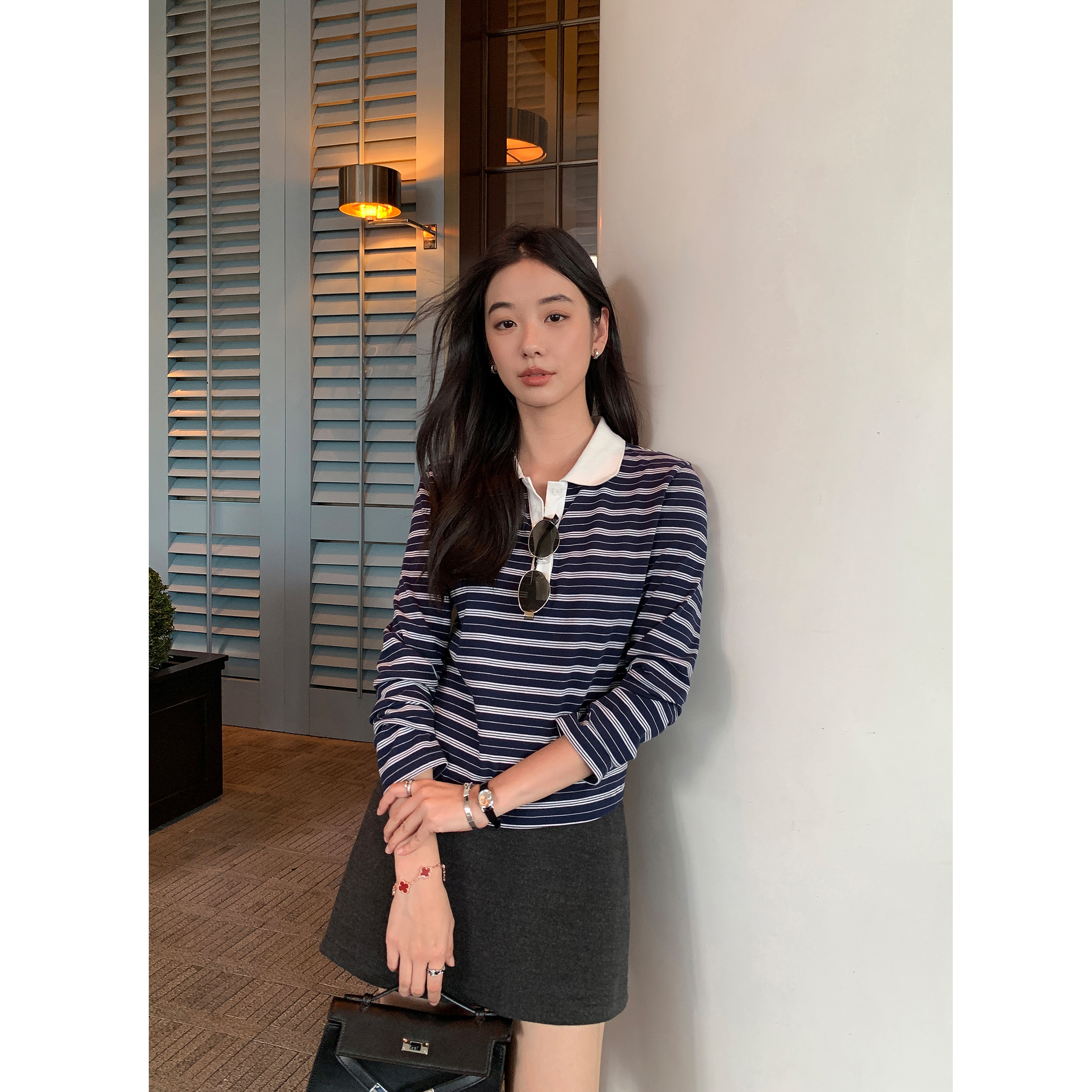 MULVAN 闲日旧梦 美式复古撞色条纹长袖t恤女松弛感休闲纯棉上衣