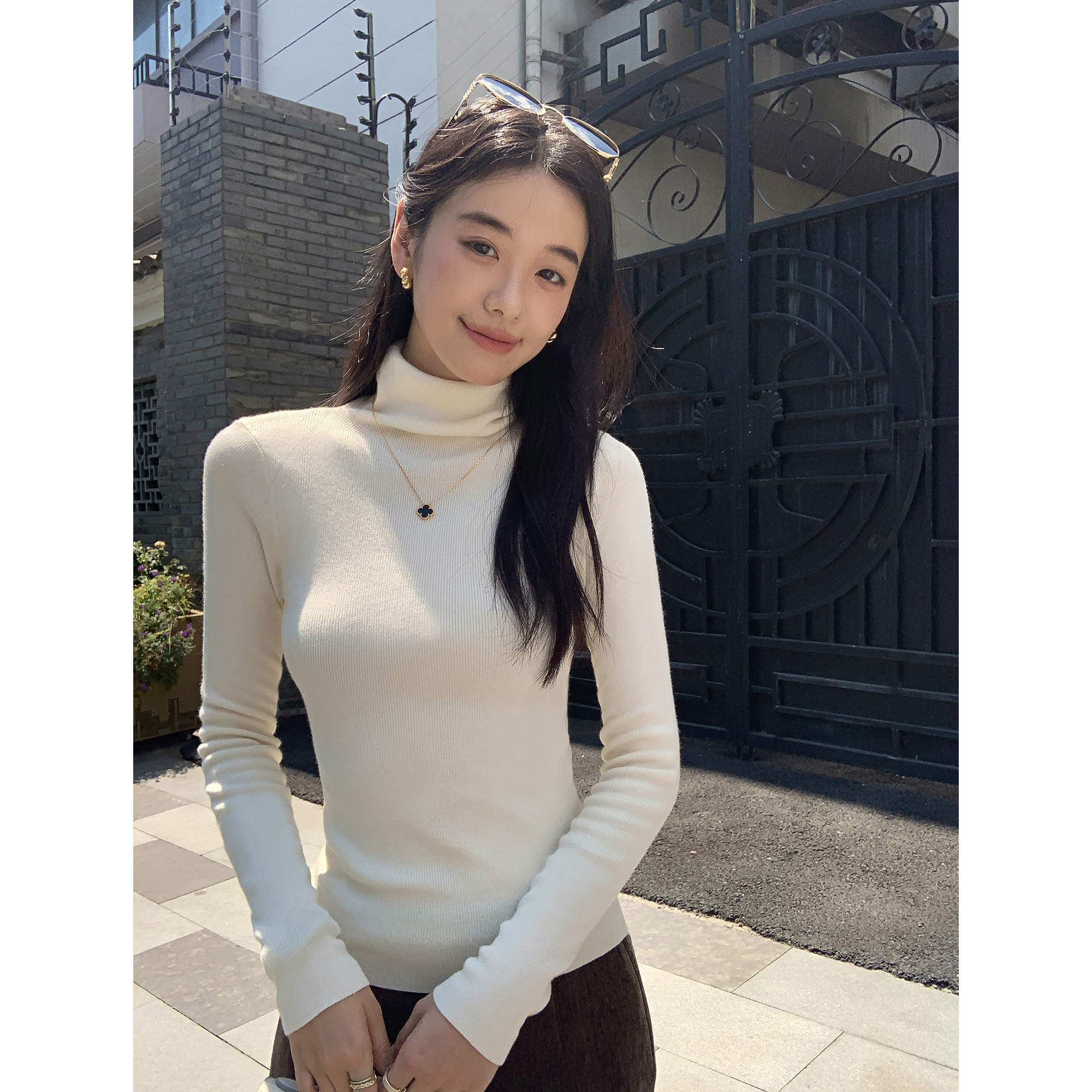 MULVAN 桑榆暮影 高领长袖打底衫女气质极简修身内搭针织衫上衣