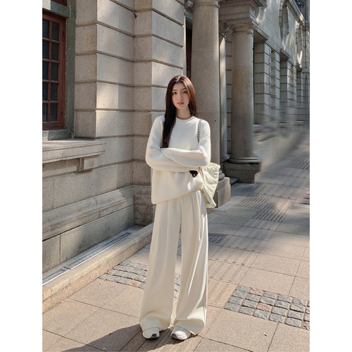 MULVAN 【现货7折】柔暖时刻 慵懒风白色圆领套头毛衣女针织上衣