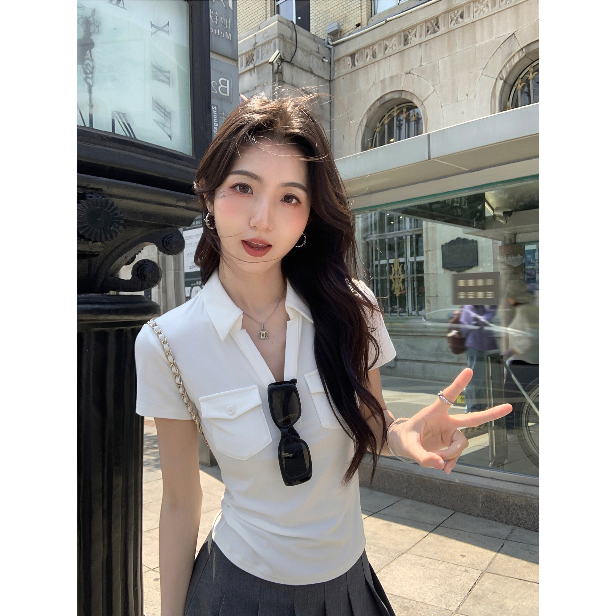 MULVAN 极简实穿 polo领正肩短袖t恤女夏季白色修身运动短款上衣