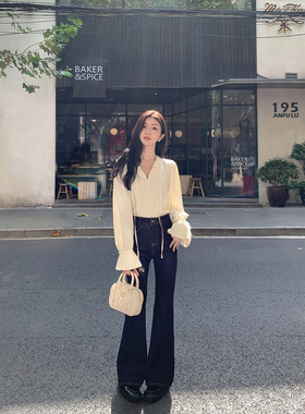 MULVAN 复古蓝色牛仔喇叭裤女秋冬新款修身显瘦弹力休闲拖地长裤