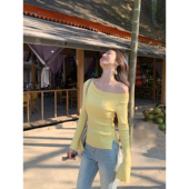 MULVAN 微弹打底衫 软糯多巴胺 斜肩针织上衣女设计感一字肩修身