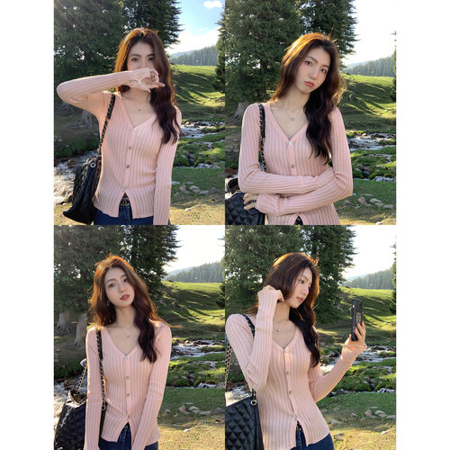 简约v领镂空竖坑条针织衫