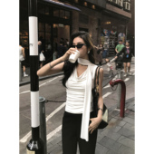 MULVAN t恤 无袖 气质拽姐设计感荡领飘带背心上衣女甜酷短款 修身