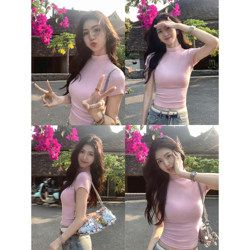 MULVAN “甜心辣妹”半高领短袖T恤女修身薄款高腰短款针织上衣