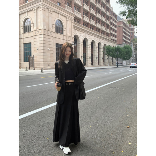 黑色半身裙百褶裙西装长裙