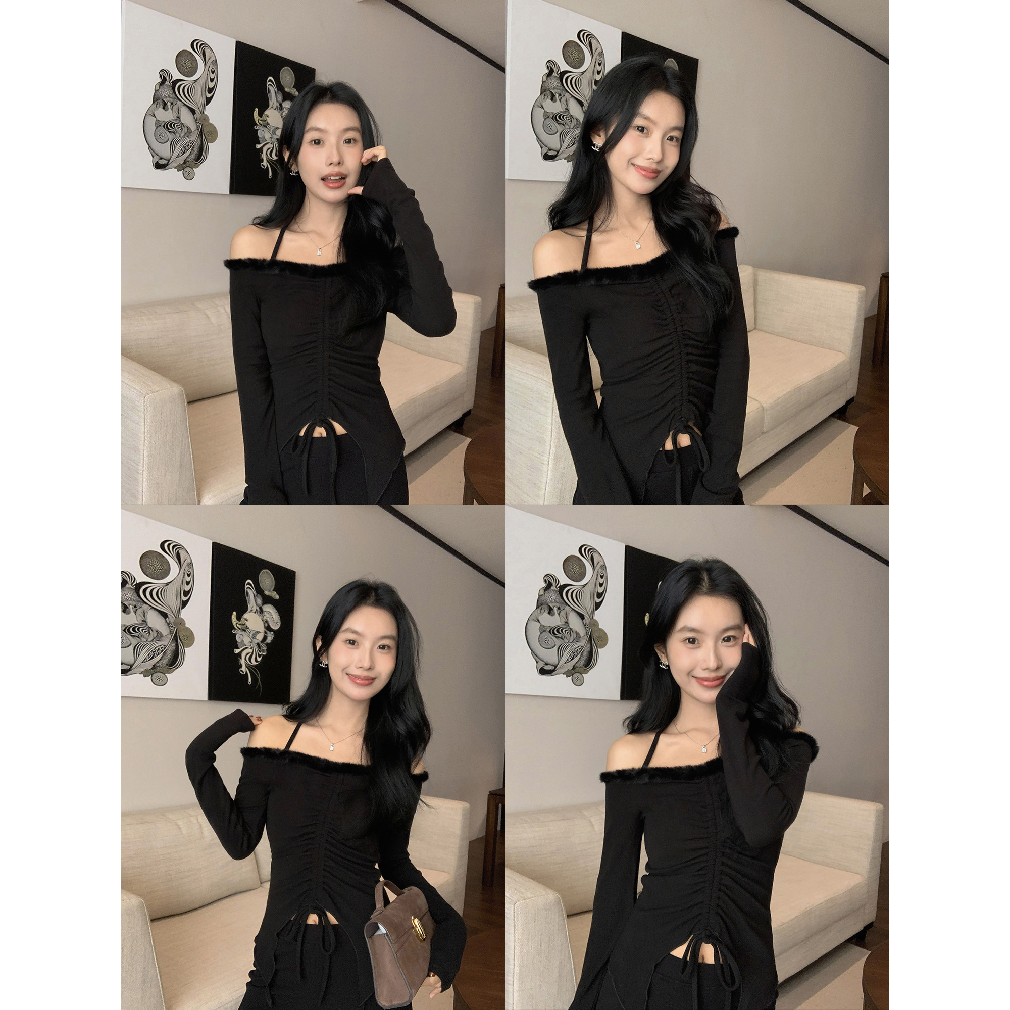 MULVAN【现货5折】 黑色一字肩针织衫女设计感抽绳修身露肩上衣