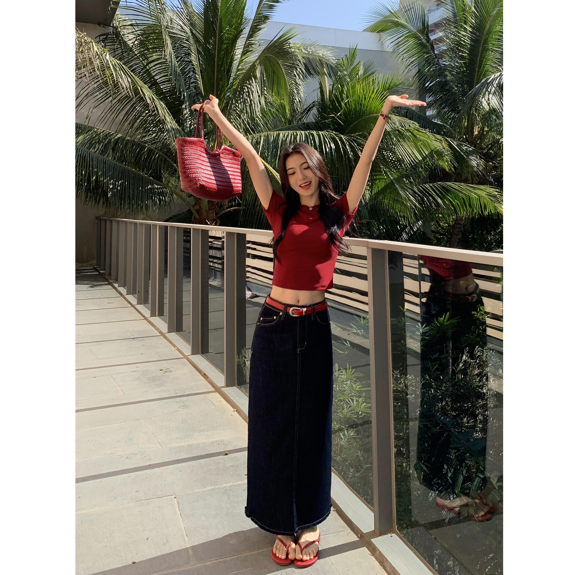 MULVAN 直筒裙高腰牛仔半身裙女蓝色2025夏显瘦天丝后开叉长裙子