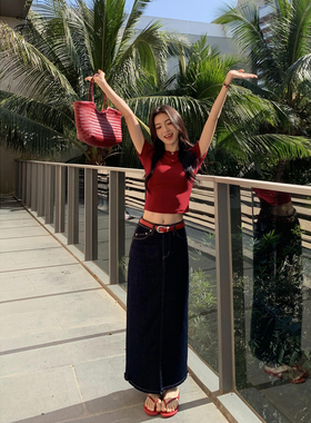 MULVAN 直筒裙高腰牛仔半身裙女蓝色夏显瘦莱赛尔后开叉长裙子