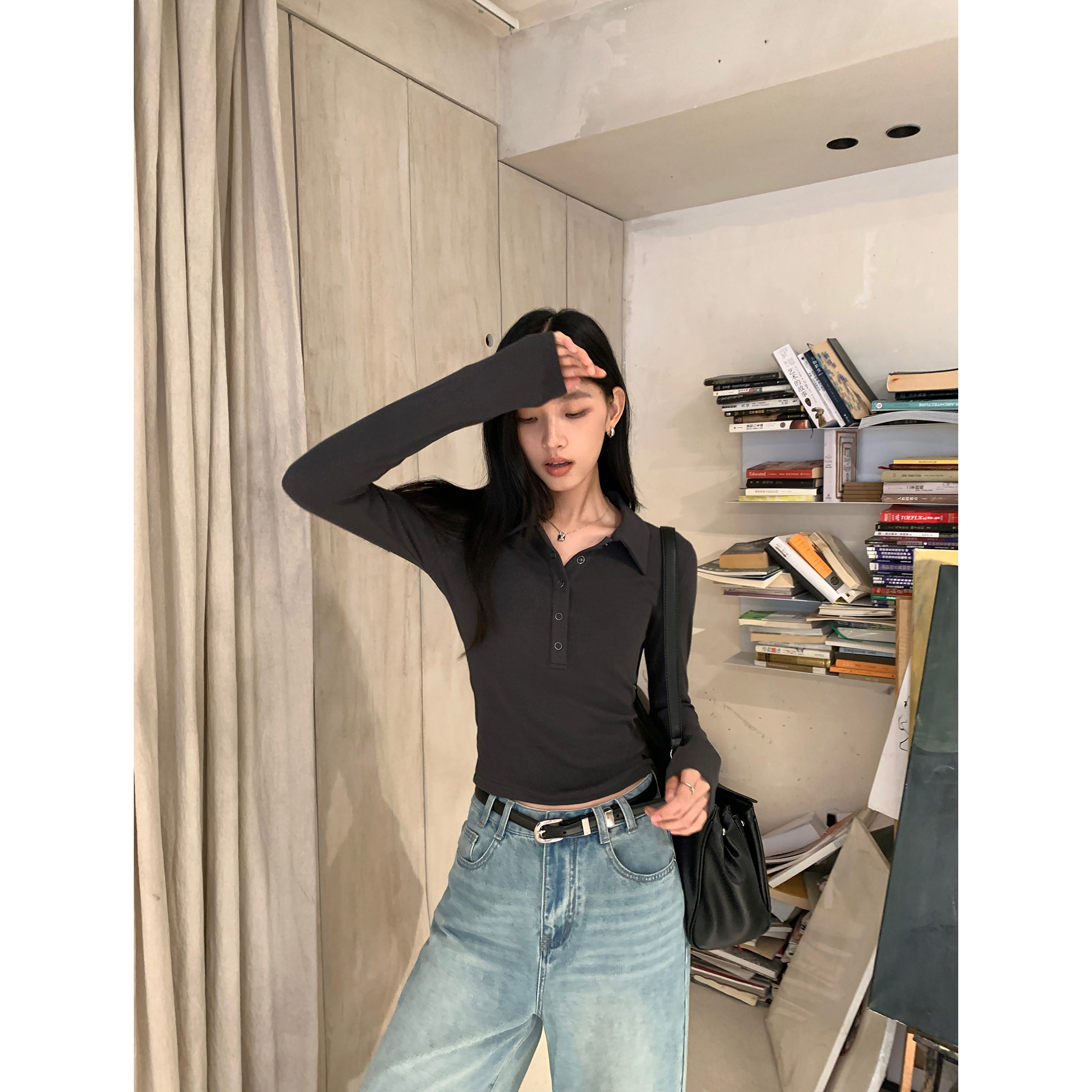 黑色v领polo针织t恤女长袖