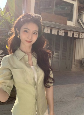 MULVAN 优雅干练 老钱风1OO亚麻中袖衬衫女气质收腰翻领衬衣开衫