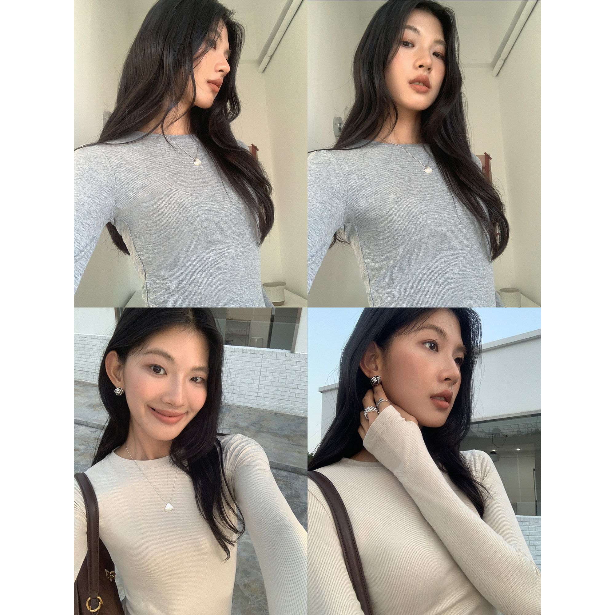 百搭简约圆领长袖T恤女