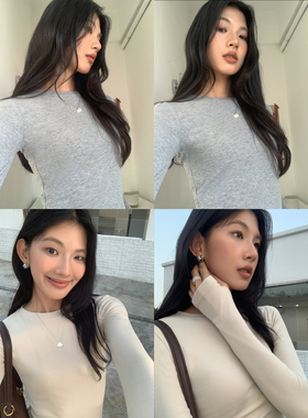 MULVAN【现货7折】 灰色圆领正肩长袖t恤春秋修身针织打底衫上衣