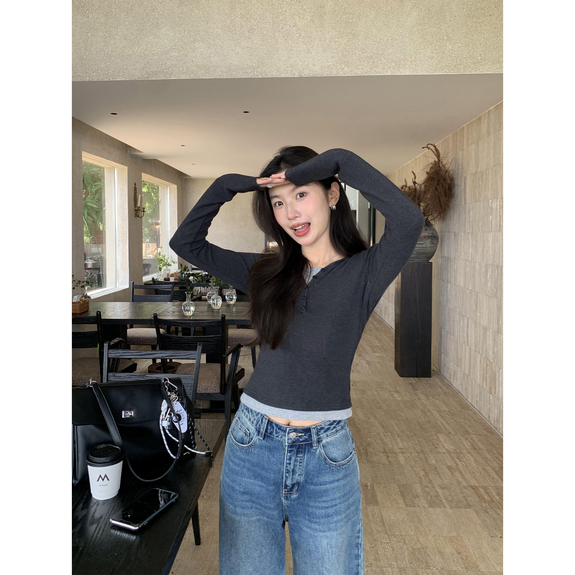 连帽撞色修身假两件连帽T恤