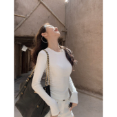 玫瑰庞克 正肩圆领针织长袖 T恤女套头打底衫 MULVAN 修身 显瘦上衣