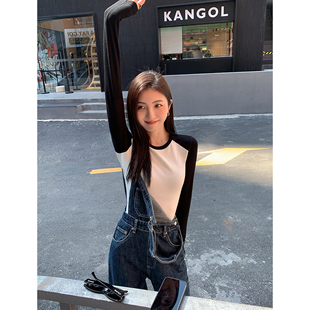 内搭打底衫 MULVAN t恤女修身 撞色拼接长袖 百搭上衣 现货7折